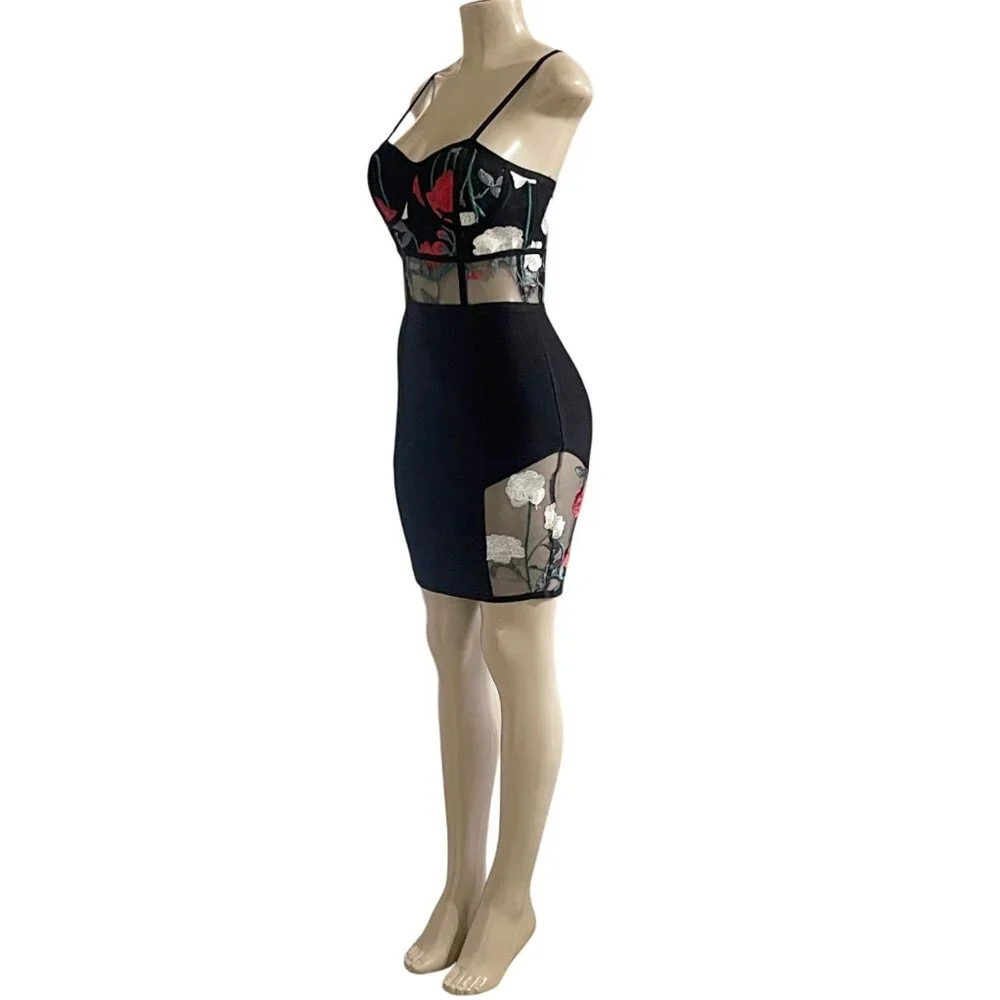 Floral Embroidered Bustier Bodycon Bandage Dress with Sheer Mesh Panels - Size M - Picture 7 of 9